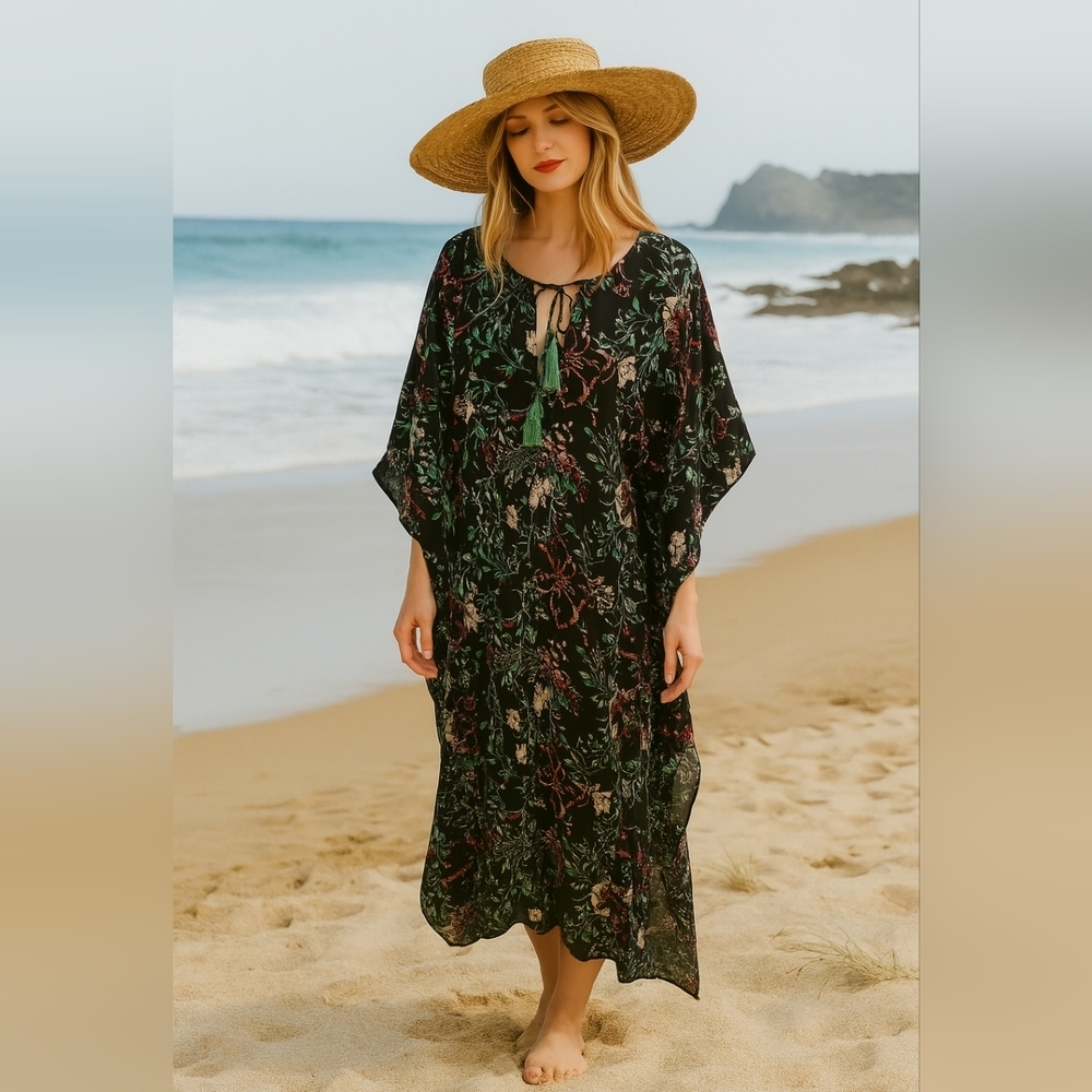 America & Beyond Floral Maxi Kaflan Swim Coverup - Size L - Black/Green